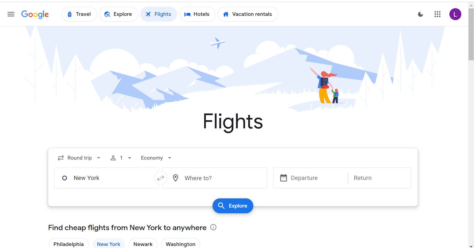 Google Flights Home Page