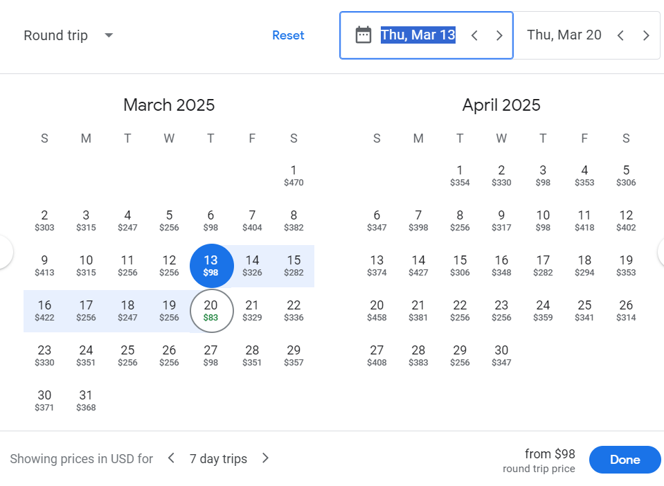 Google Flights Calendar