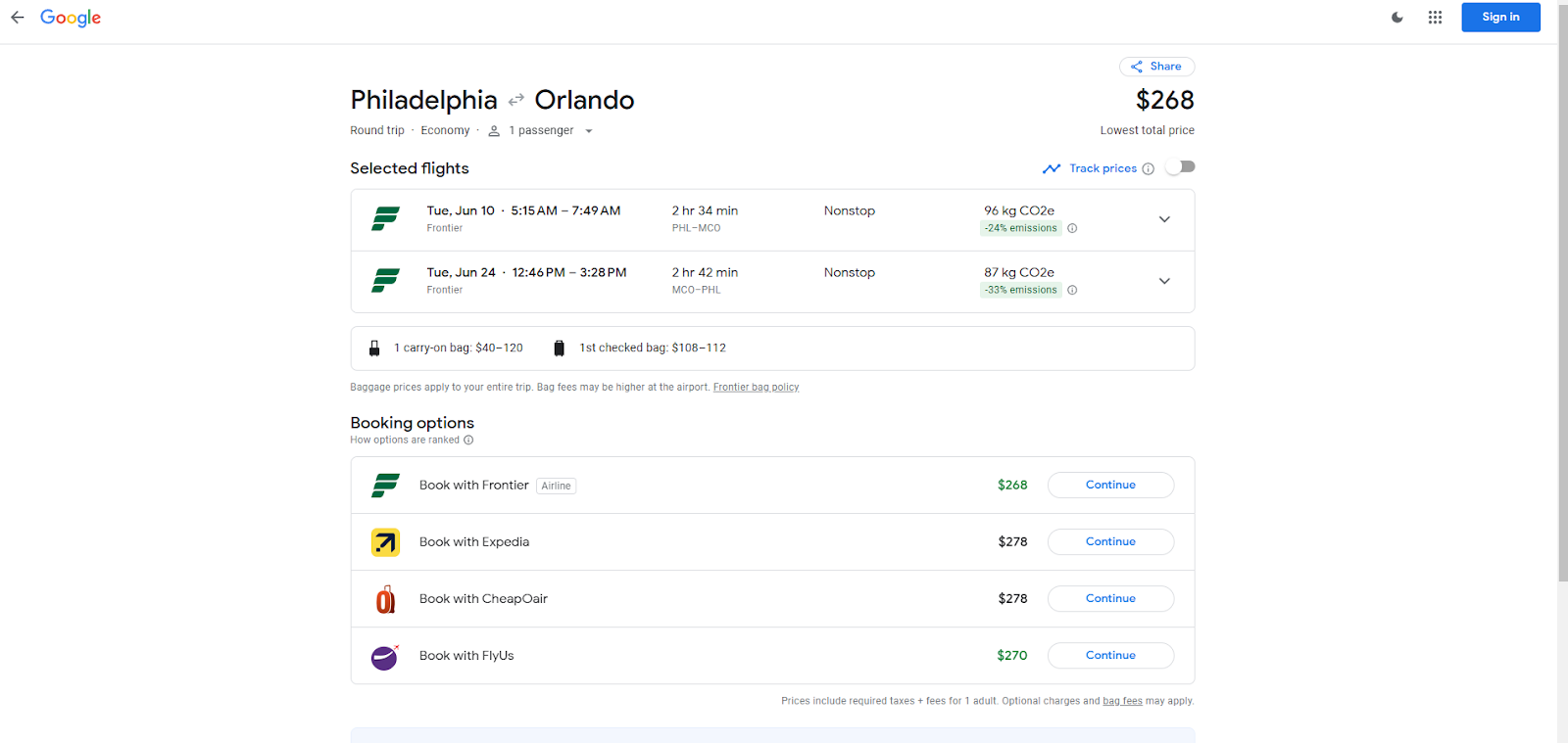 Google Flights Booking page