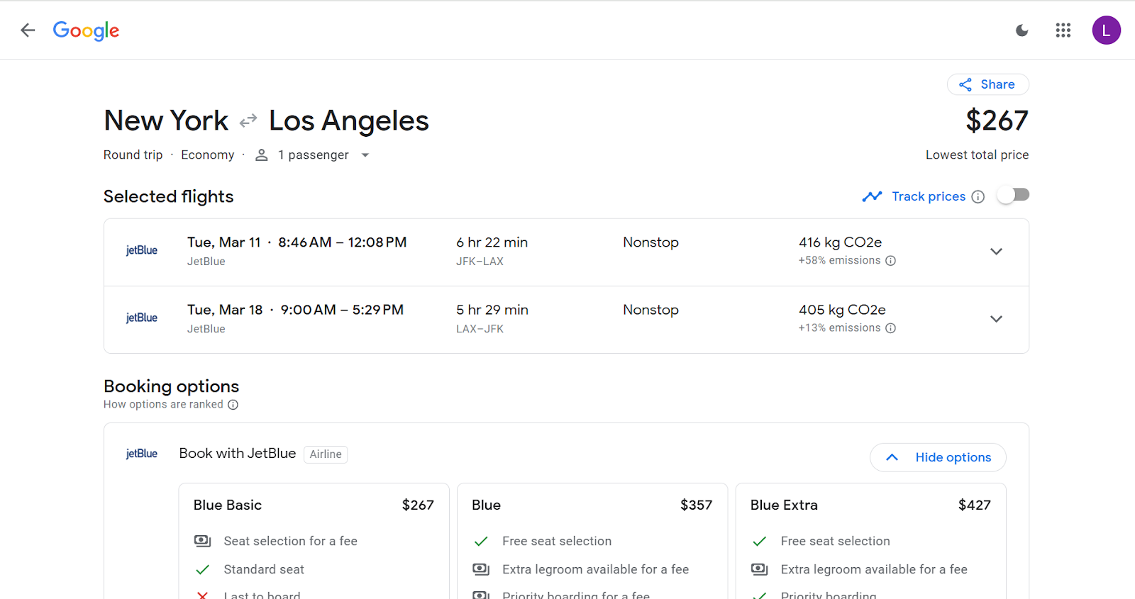 Google flights booking page