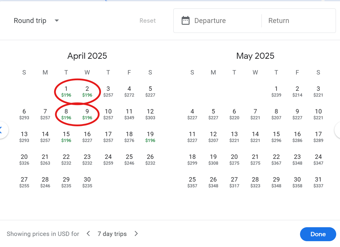 Google Flights Calendar