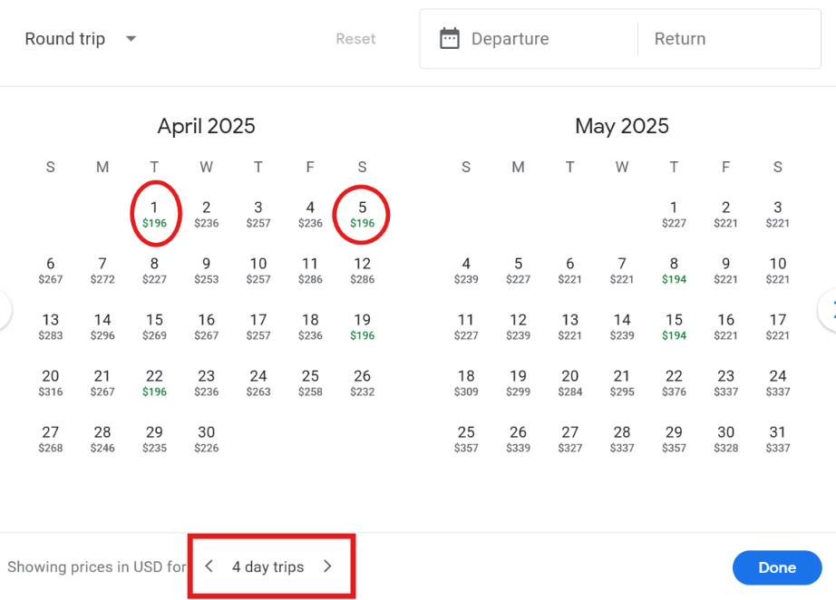 Google Flights Calendar