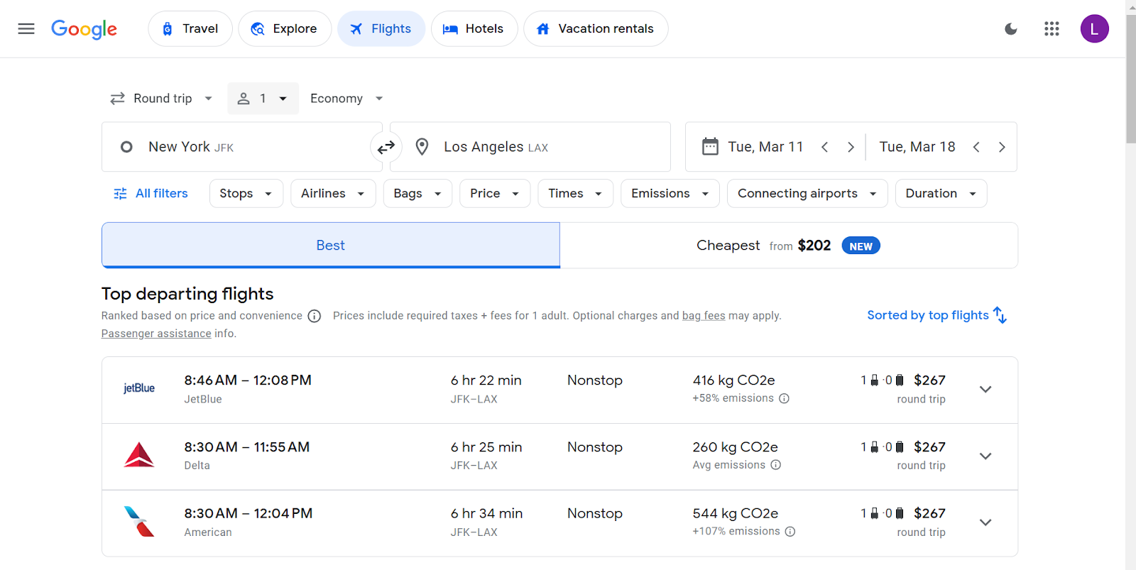 What a Google Flights Search Result looks like